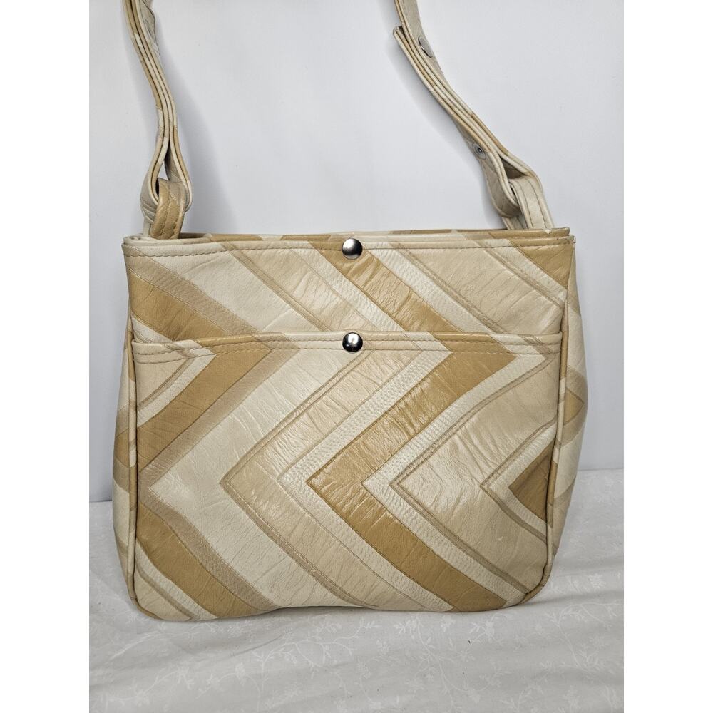 Vintage 70s Handmade Cream Tan Leather Tote Handbag Purse Shoulder Bag Chevron - Picture 2 of 7